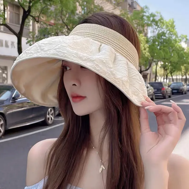 Chapéu de sol de aba larga para mulheres de verão, chapéu de proteção solar à prova de raios UV, dobrável, portátil, dobrável