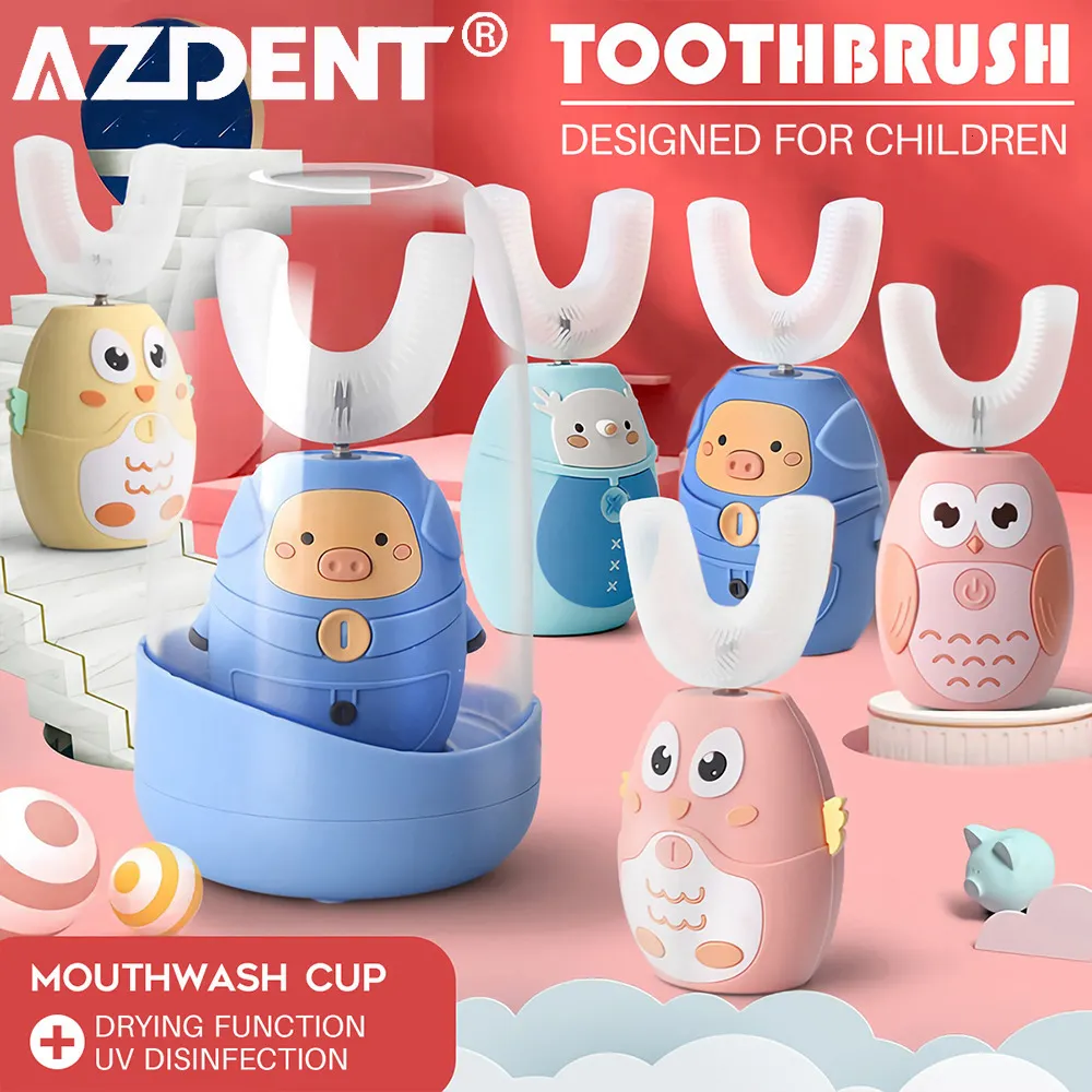 Toothbrush AZDENT 212Years Old U 360 Degrees Children Sonic Electric Cartoon Pattern USB Charger Silicone Kids Tooth Brush 230627
