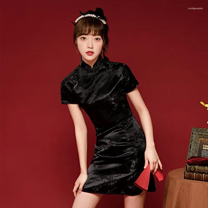 knee length dresses for ladies Modern Cheongsam dress, mini Qipao dress, black Qipao, Chinese dress –  Beth&Brian Qipao main image 1