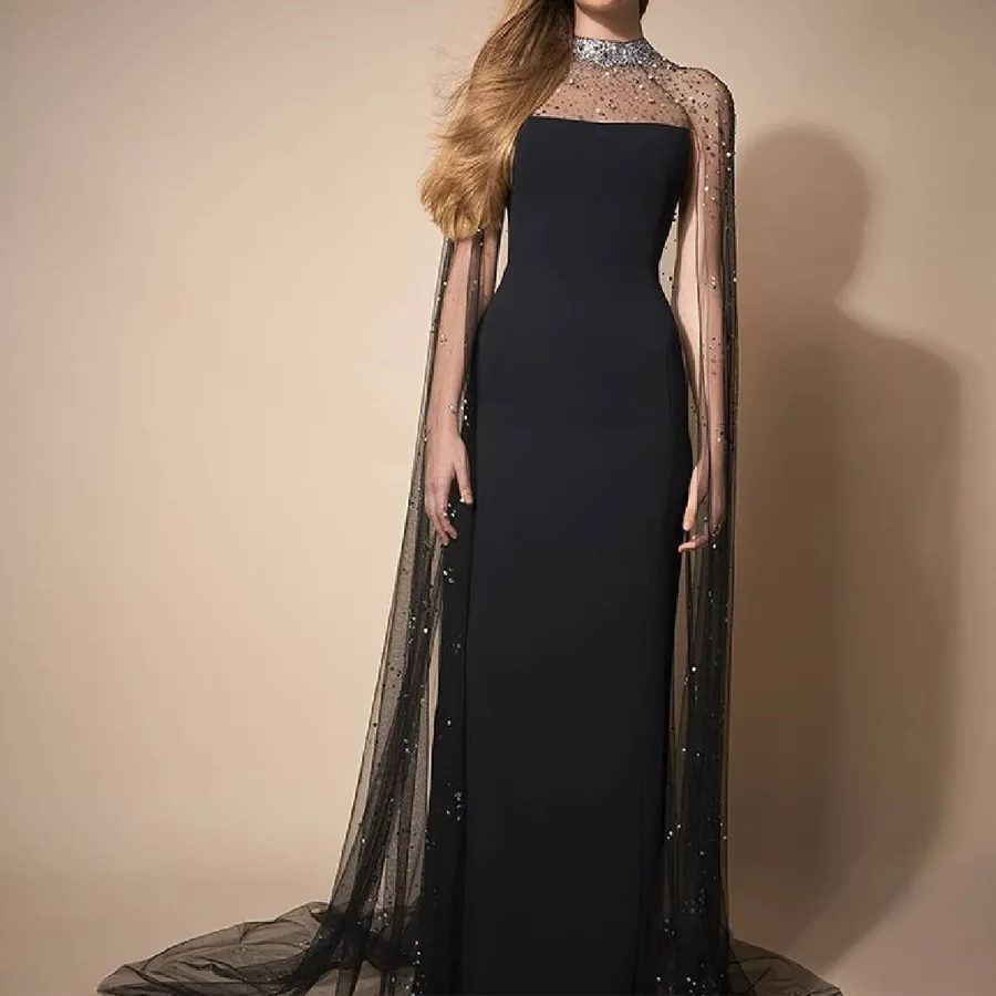 Dubai Design Cape sheath Black Evening Dresses sheer illusion neck beaded crystal Long Formal Dress Sexy Mermaid Party Gowns For Prom