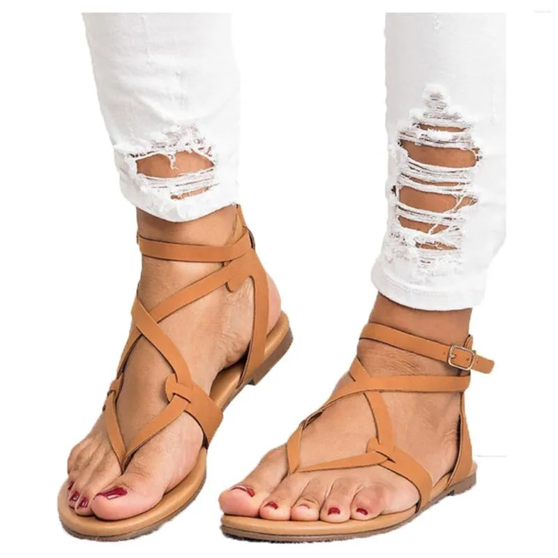 Sandals Women 2023 Summer Cross Strap Thong Casual Beach Shoes Solid Colors PU Leather Flat Female Flip Flop #g5