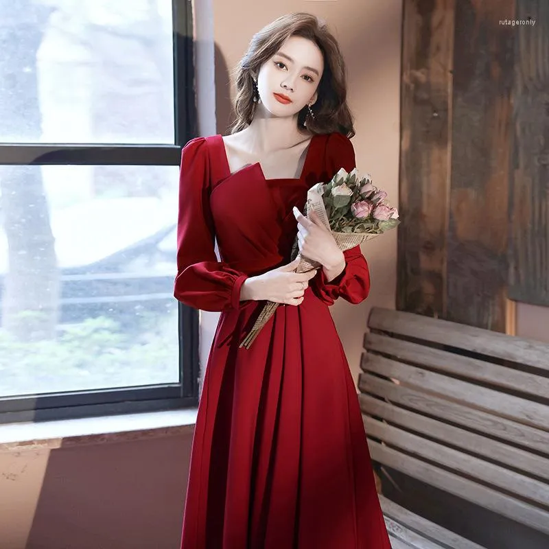 Ethnic Clothing Classic Women Square Neck Toast Summer Bride Party Gowns Vestidos Elegant Burgundy Dresses