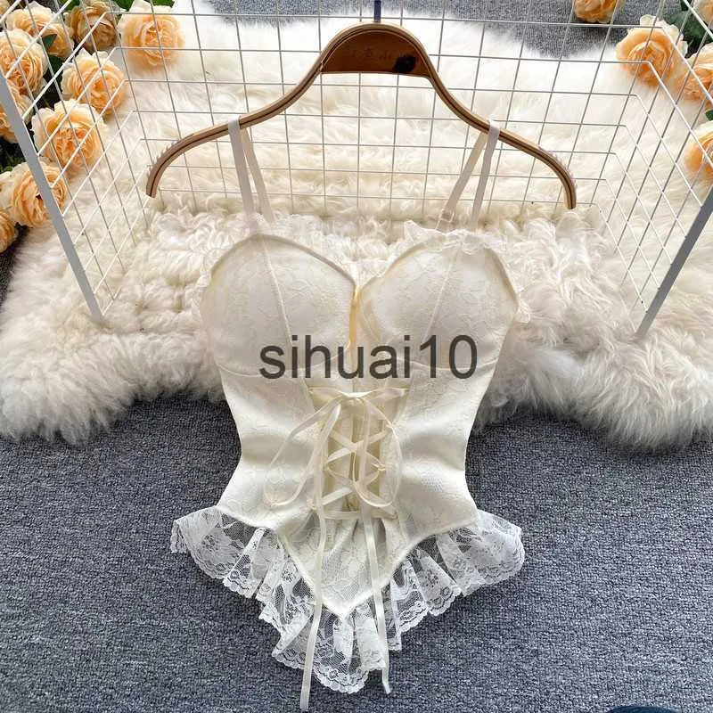 T-Shirt Femme Vintage Dentelle Corset Bustier Femmes Bretelles Spaghetti Débardeurs et Camisoles Sexy Slim Crop Top Urban Chic Camisole Mode Vêtements D'été J230627