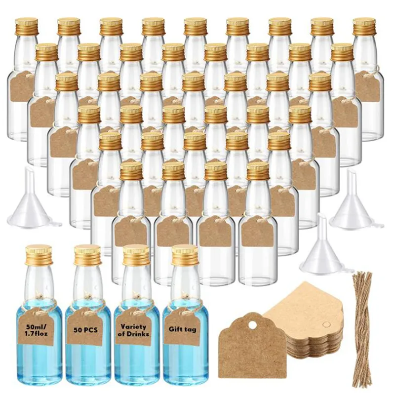 Bar Tools 50 Stück 50 ml Mini-Schnapsflaschen, wiederverwendbar, leer, aus  Kunststoff, für Alkohol, S-Flasche für Wodka, Champagner, Whisky, Hochzeit