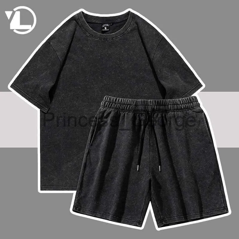 Men's Tracksuits Summer Short Sleeve Sets Men Women Hip Hop Washed Distressed Black TshirtsRetro Oversized Shorts High Street Solid color Suit x0627