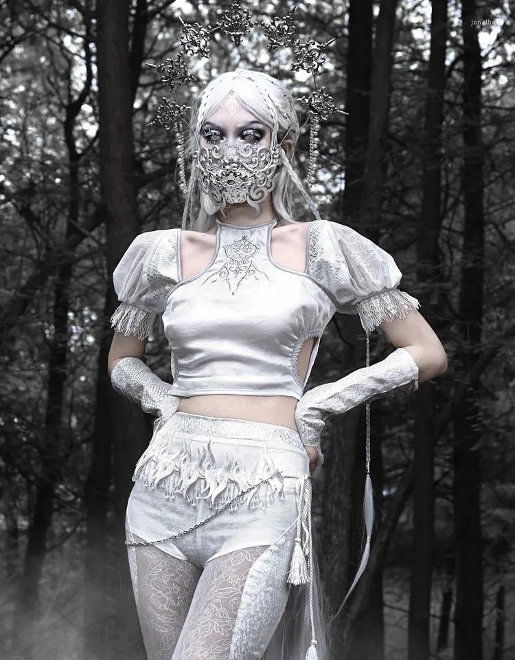 Kadın Bluzlar Kan Kaynağı Orijinal Gümüş Beyaz Gotik Işlemeli Yaz Bluz Kadın Dantel Kısa Kabarcık Kollu Kırpma Üst Oymak