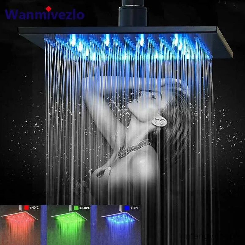 Bathroom Shower Heads Matte Black Rain Shower Head LED Changing Square Shower Head Faucet Bathroom Accessory Top Over-head Shower Sprayer R230627