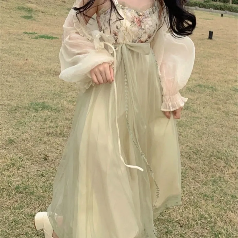France elegancka seksowna sukienka kobiety bajki midi sukienki żeńska patchwork drukarnia bandaż w talii Koreańska sukienka modowa 220526