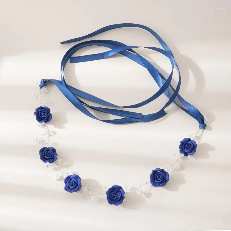 Hårklipp blå blomma pannband för brud bröllopstillbehör silkband hårband pärla blommor huvudstycke brudtärna smycken