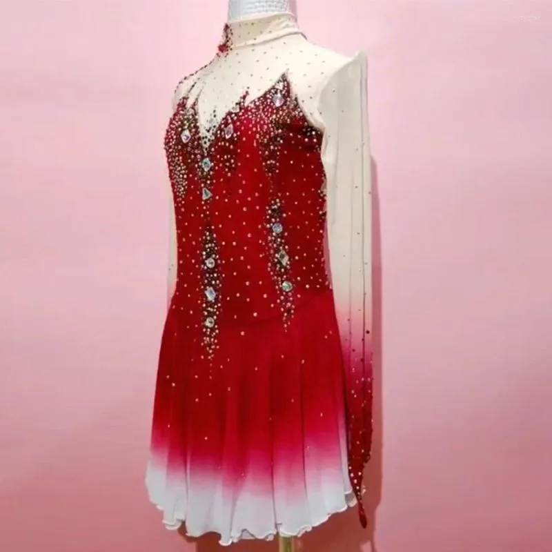 Bühnenkleidung Eislaufen Kleid Damen Mädchen Figur Rot Outfits Spandex Hohe Elastizität Wettbewerb Handgemacht