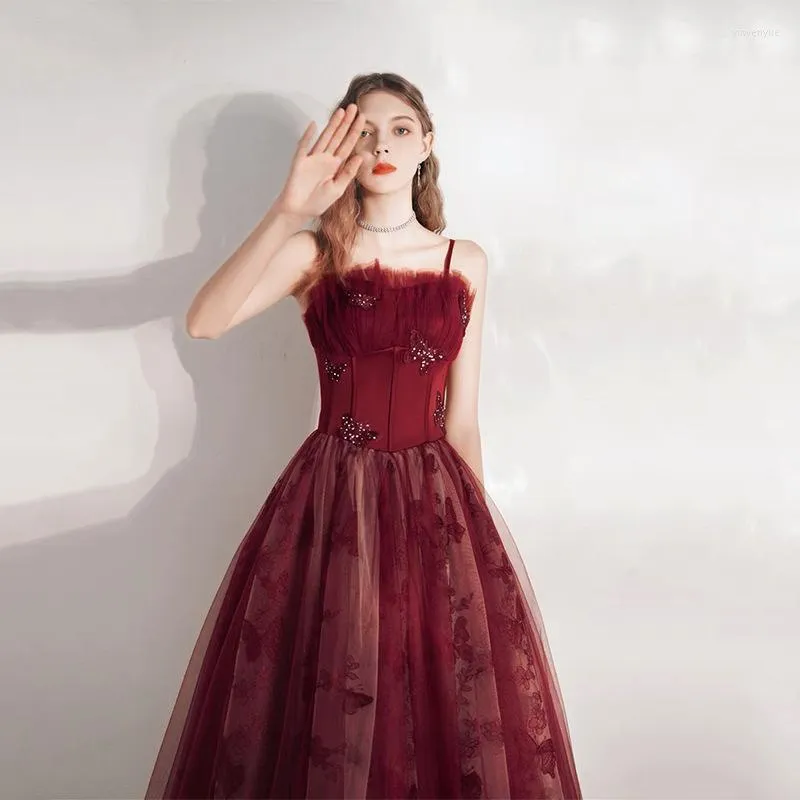 Ethnic Clothing Elegant Burgundy Butterfly Long Prom Dress 2023 Vestidos De Fiesta Women Spaghetti Strap Wedding Gowns Toast