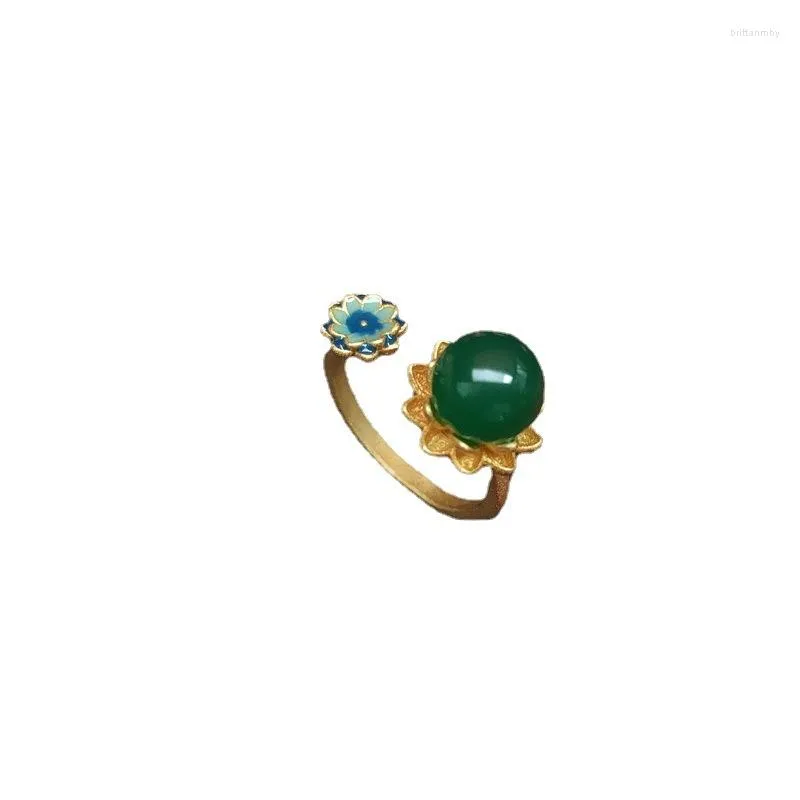 Anelli a grappolo Regali di loto di giada verde Anello regolabile cinese 925 Argento naturale Designer vintage Donne Pietra Amuleto Fascino Gioielli reali