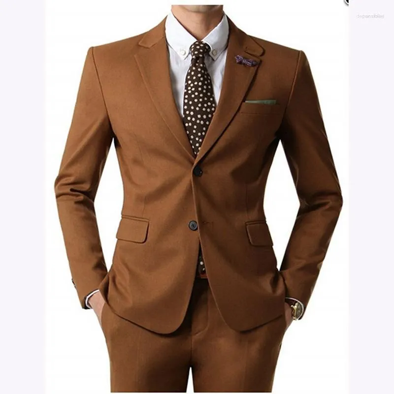 Erkek Takım Elbise Erkek Kahverengi Erkek İki Düğme İş Düğün Takım Elbise Terno Masculino Slim Fit Custume Homme Erkek (Ceket Pantolon)