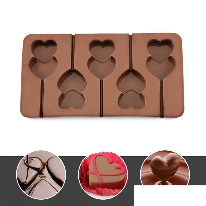 Moules De Cuisson 3D Double Coeur Sucette Chocolat Sile Biscuits Moule Dessert Diy Gâteau Décoration Outil Jelly Maison Cuisine Outils Drop D Dhct4