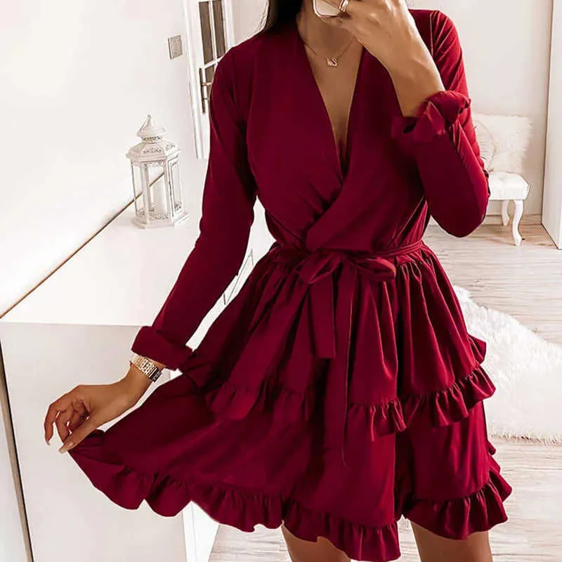 CVYATAYA Arrived Flared Sleeves Ruffles V Neck Sexy Dress Women Spring Autumn Long Sleeve A-Line Solid Sashes Mini Dresses 210611