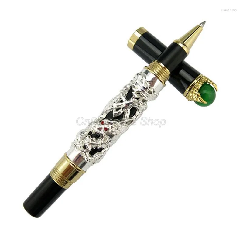 Jinhao Prático Dragon King Rollerball Caneta Metal Embossing Verde Jóias No Topo Desenho De Prata Para Office School Home