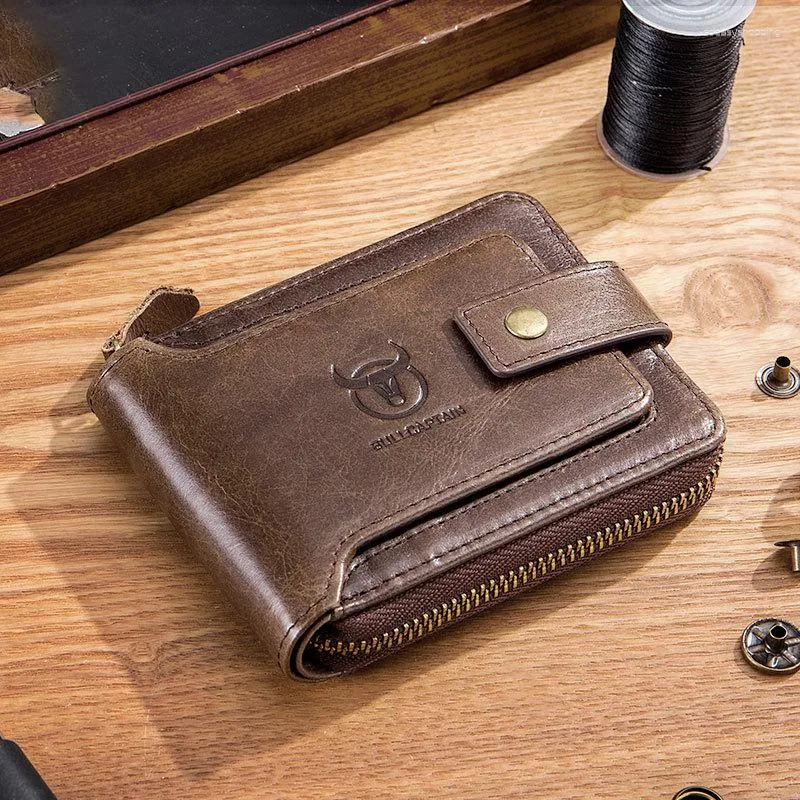 ウォレットトップファイトファーストレイヤージッパーメンズボタンを備えた牛皮の財布複数のポケットホルダープロテクターカバーコイン