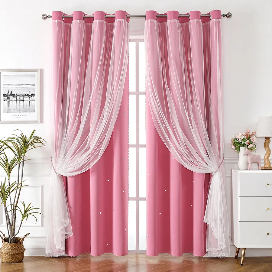 Cortinas Cortinas Estrelas para Quarto de Meninas Cortinas Blackout Dupla Camada Transparente Sobreposição com Laço Laço para Decoração de Quarto Infantil Princesa Estrela 230626