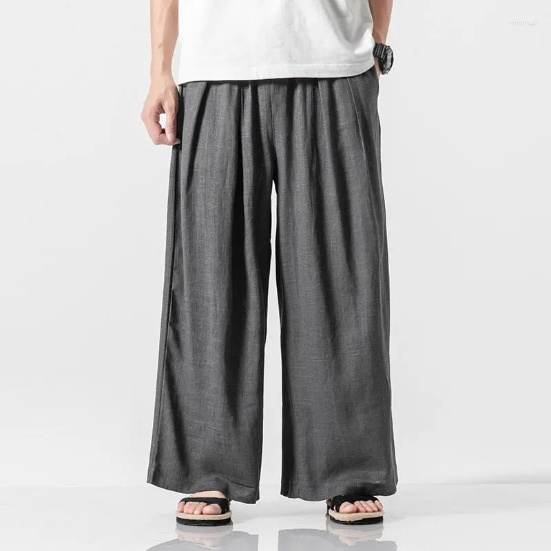 Herrbyxor män linne bomull baggy byxa män solid casual rak löst bred ben plus storlek koreanska stil byxor pantalon hombre