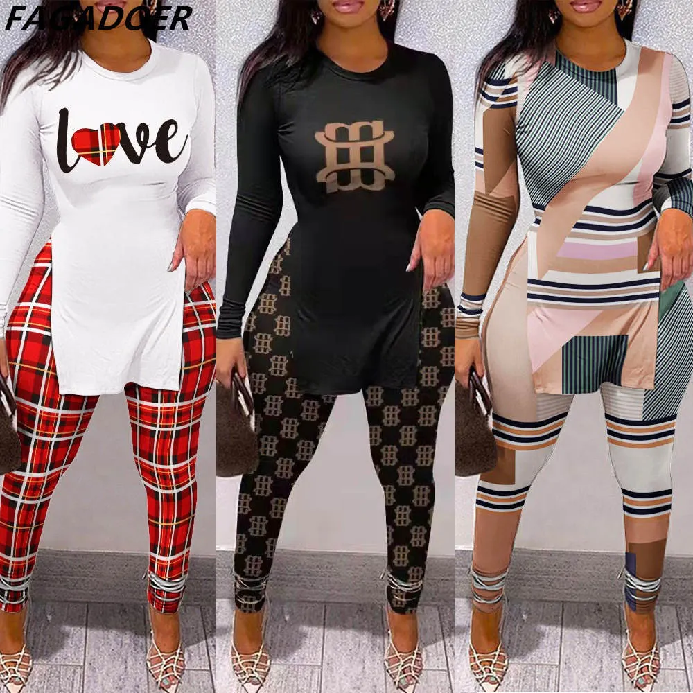 Womens Two Piece Pants FAGADOER Fall Women Sets Outfits Casual Print Side Slit Top And Skinny Tracksuits Fashion Streetwear 2pcs Suits 230627
