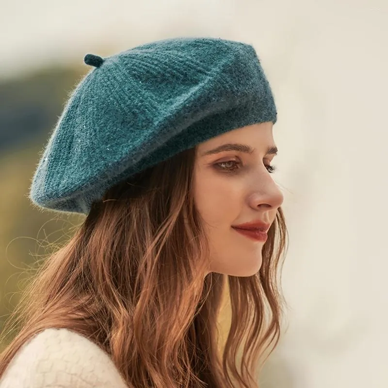 Mössor 1pc paljett basker fransk konstnär stickade basker mössa fast vinter mössa utomhus mode casual stil hatt för kvinnor flickor