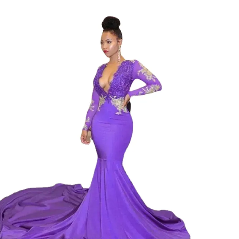 Africa Light Purple Sexy Mermaid Prom Dresses Sexig Deep V-ringade pärlspetsar Långa ärmar Black Girl Party Dress Evening Wear Robe