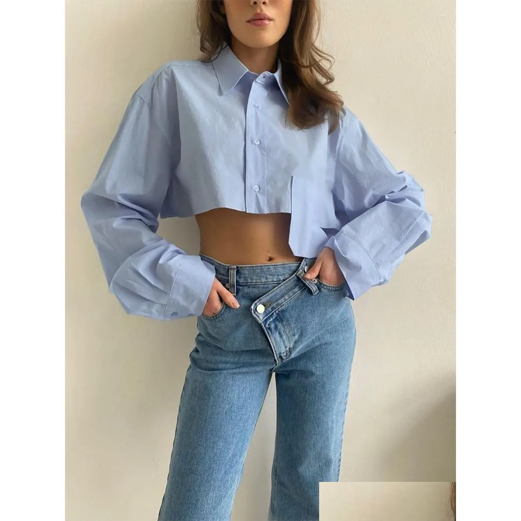 Women'S Blouses Shirts Womens Y2K Clothes For Women Solid Shirt Single Breasted Lapels Irregar Hem Cropped Tops And Pretty Blusa D Dhvss