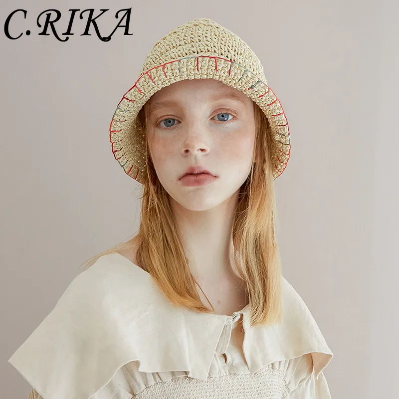 Summer New Crochet Bucket Hat Kobiety tkane słomek rybak design fashion filtra przeciwsłoneczne na plaży lady nadmorski składany kapelusz słoneczny