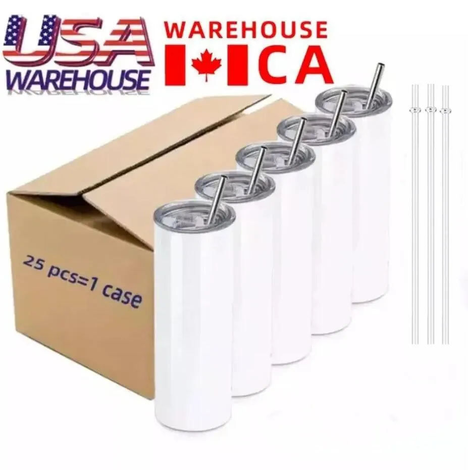 US CA estoque 25 peças/caixa 20 oz Sublimação Tumbler garrafa em branco Copo de aço inoxidável DIY Copos retos Isolados a vácuo 600 ml Canecas de café para carro