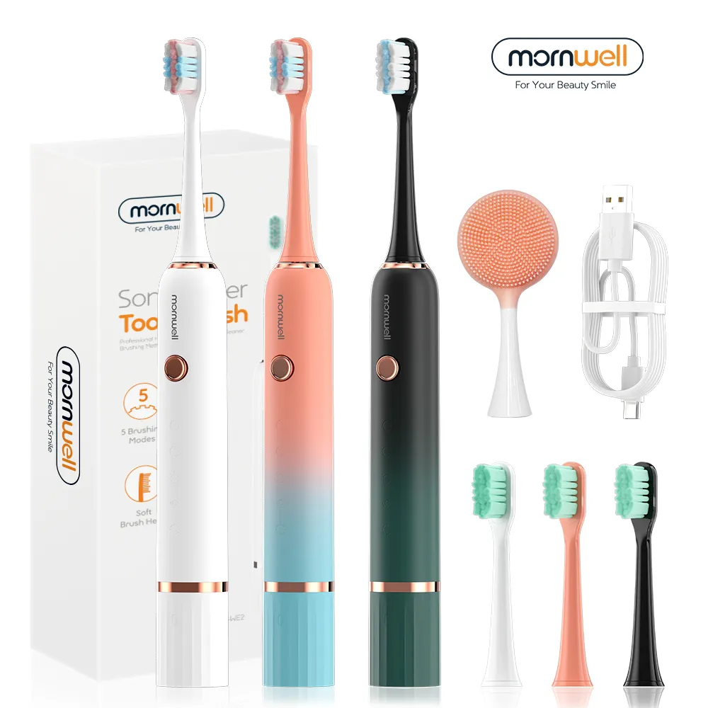 Brosse à dents Mornwell Sonic Electric T33 Brosse minuterie adulte 5 Modes Chargeur USB Brosses à dents rechargeables Ensemble de têtes de rechange 230627