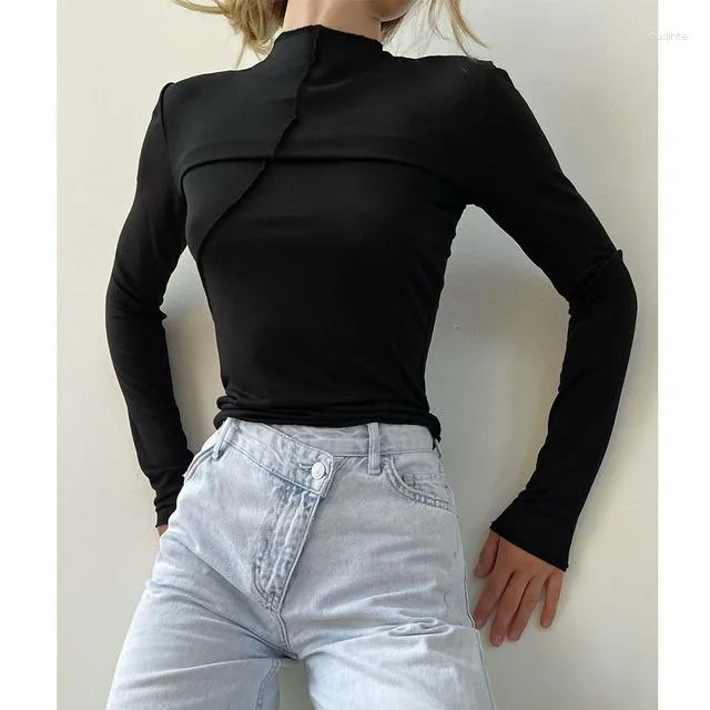 Kvinnors tankar Spring Solid Cotton Basic Long Sleeve Tops Women Asymmetric BodyCon under T-shirt Y2K Streetwear Stand Collar Bottoming Tee