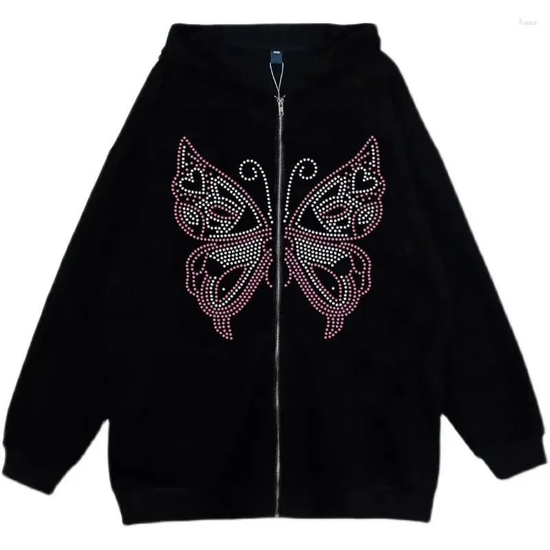 Women's Hoodies High Street Harajuku Dark Diamond Butterfly Retro Punk Streetwear Oversize Hooded Print Y2k Jacket Warm Sportswear Cardigan