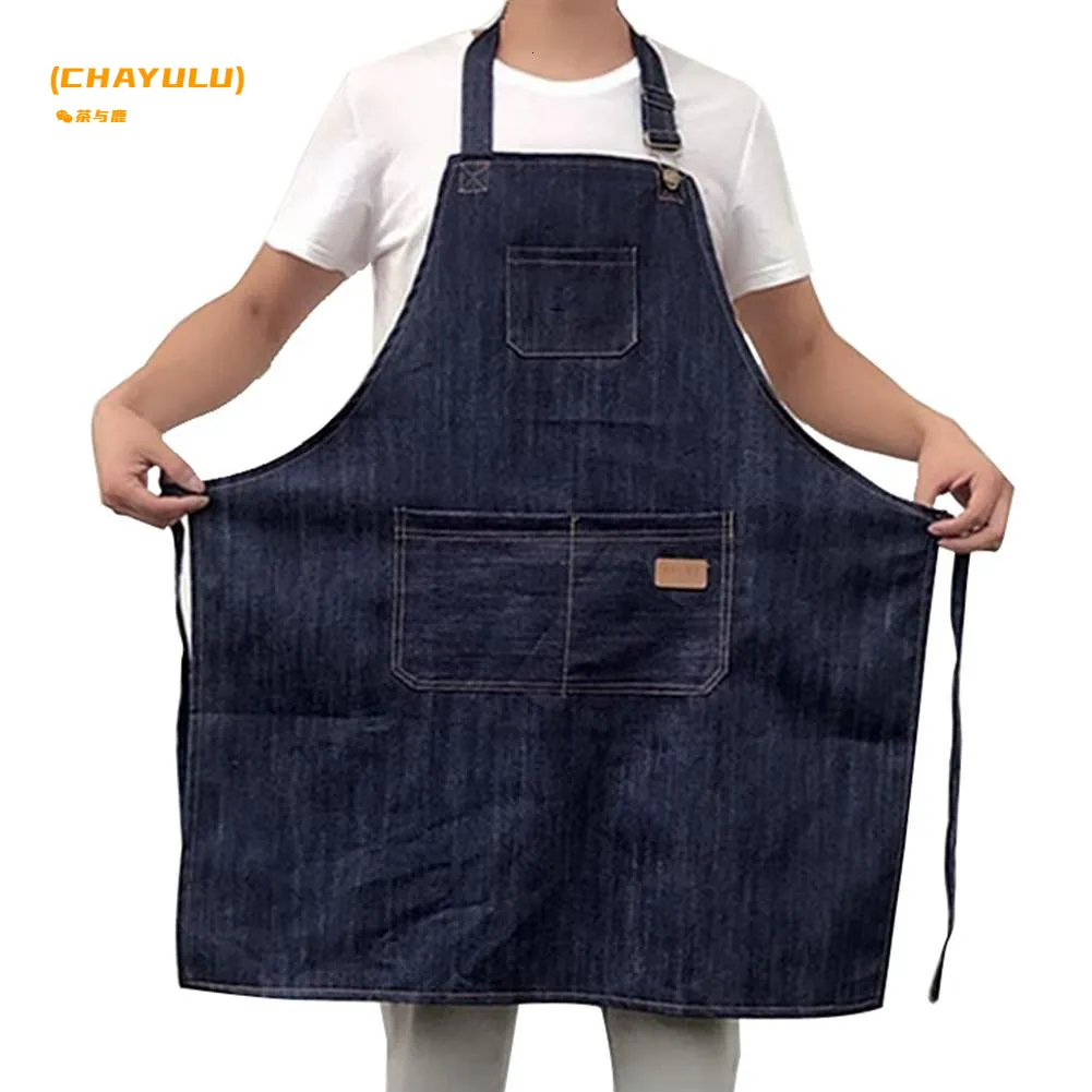 Tablier de cuisine Tour de cou réglable Tour de taille Denim Pratique Poche avant Pliable Doux Salopette résistante à l'usure pour la maison Jardin 230626