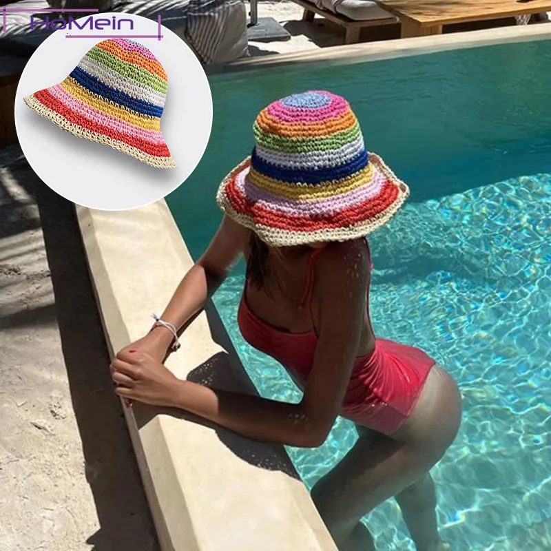 Wide Brim Hats Bucket Fashion Rainbow Straw Sunscreen Hat Women Summer Korean Hollow Color Blocking Design Casual Knit Cap Beach Vacation 230627