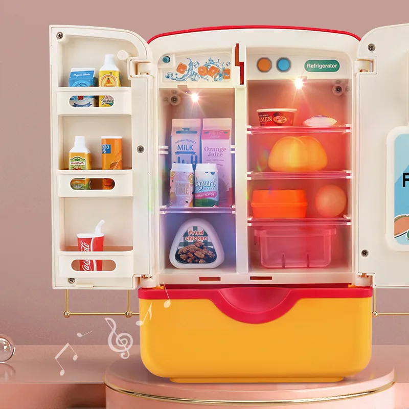 Kök spelar mat barn leksak kylskåp kylskåp tillbehör med is dispenser roll spelande för barn kök klipp mat leksaker för flickor pojkar 230626