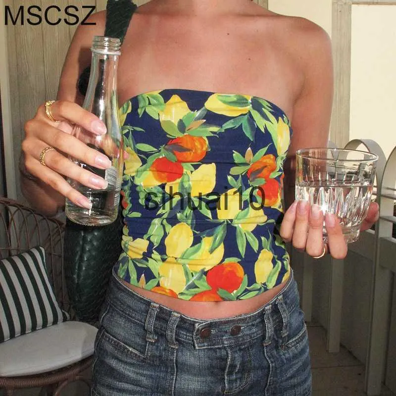 Kvinnors t-shirt mode frukttryck rör topp y2k stropplös skörd topp sommar sexig cami toppar nattklubb toppar för kvinnor j230627