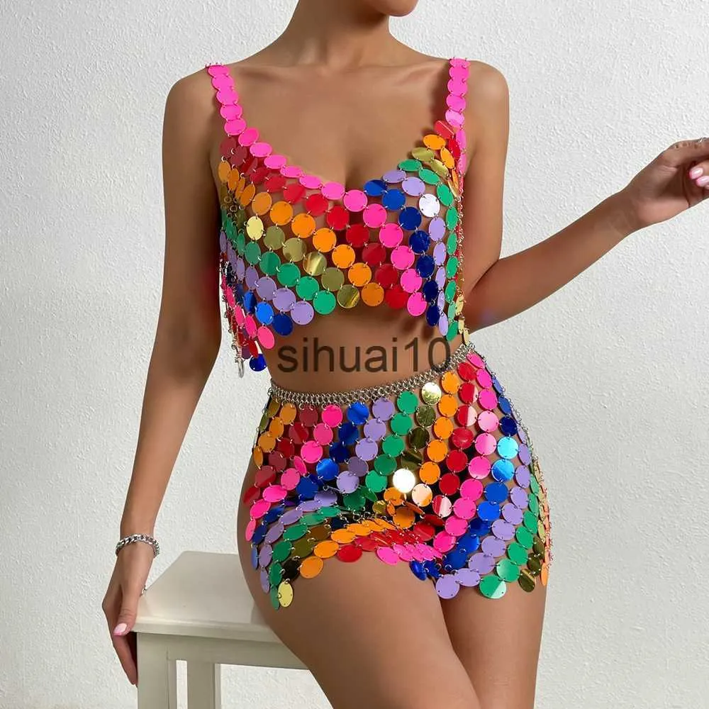 Women's T-Shirt Sexy Colorful Glitter Sequins Camis Halter Body Chain for Women Female Hollow Out Skirt Bikini Bra Chain Nightciub Party Jewelry J230627