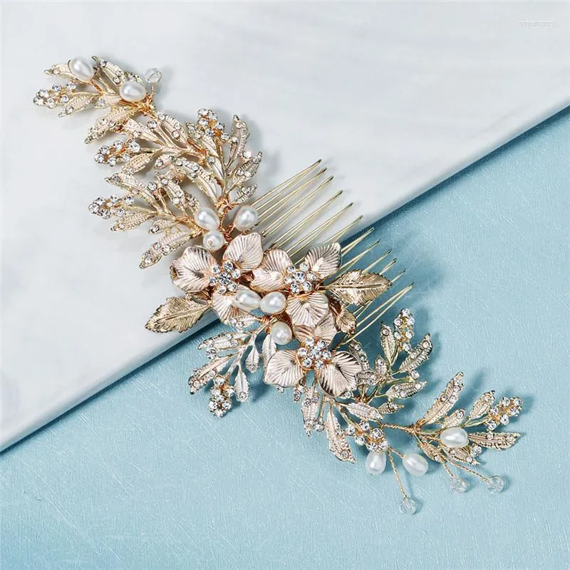 Hair Clips Handmade Gold Color Floral Wedding Comb Piece Leaf Pearls Bridal Accessories Vintage Women Headpiece