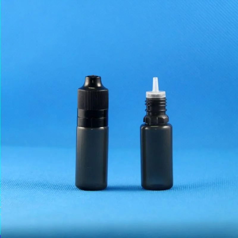 100 Sätze/Los 10 ml Kunststoff-Tropfflaschen SCHWARZ Flaschen manipulationssichere kindersichere doppelte Kappen lange dünne Nadelspitzen E-Dampfflüssigkeit 10 ml Vbofd