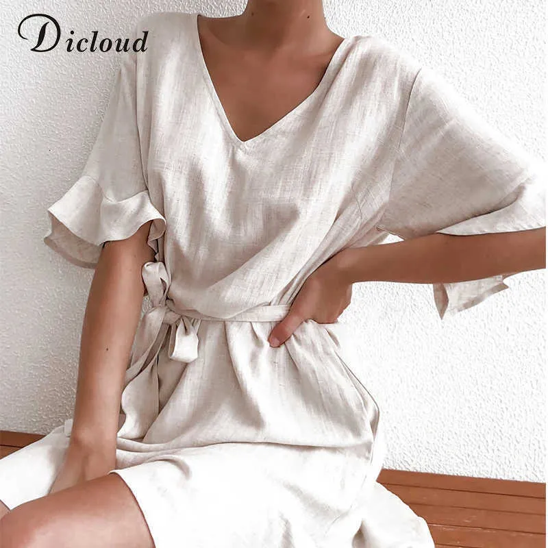 Dicloud Casual Solid Cotton Linen Sukienki Kobiety Summer Short Sleeve V Mini imprezowy sukienka panie A-line strój 210611