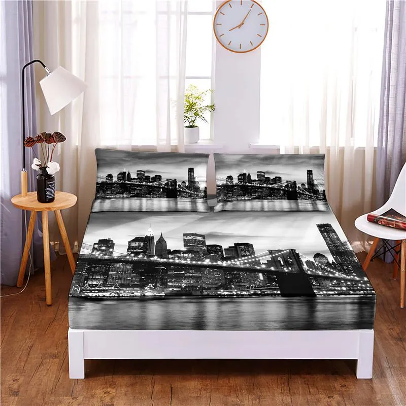 Set City Night Scene Printed 3pc Polyester Fitted Sheet Mattress Cover Four Corners with Elastic Band Bed Sheet Pillowcases