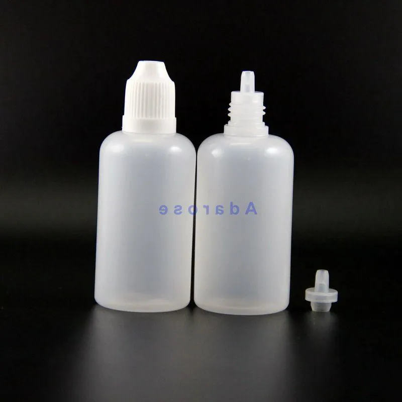 50 ML 100 Stks/partij Hoge Kwaliteit LDPE Plastic Druppelaar Flessen Met Kindveilige Doppen en Tips Damp samendrukbare fles korte tepel Cnsbo