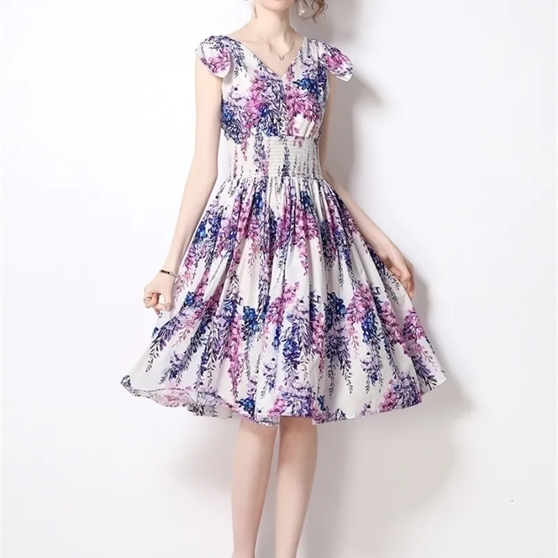 Banulin Summer Runway Beach Mini Dres's VNeck Floral Print High Elastic Waist Bow Tank Dress N7093 220526