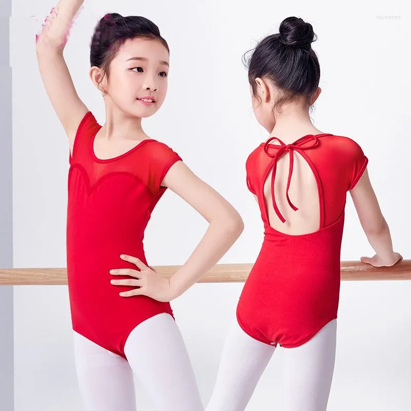 Vêtements de scène Yoga gymnastique artistique utiliser un justaucorps de Ballet en tissu élastique pour les filles rose/rouge danse maille avant poitrine gaze dos