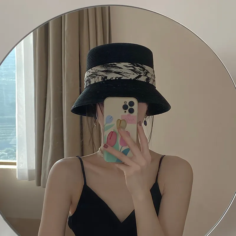 Ink Dyed Straw Hat Women 2022 Spring and Summer New Sunshade Sunscreen Fisherman Cap Elegant Ladies Seaside Vacation Bucket Hats