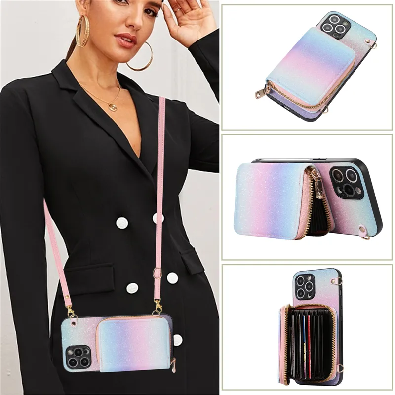 Lanyard Sparkle Zipper Vogue Phone Case for iPhone 14 13 12 11 Pro Max Samsung Galaxy S23 S22 S21 Ultra A13 5G A14 A23 A24 A53 A54 A73 Shiny Leather Wallet Chain Back Cover