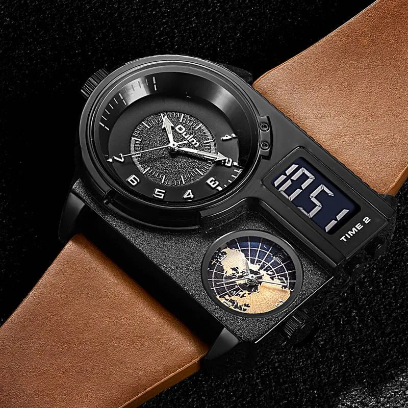 Relógios Olm New Men's Sport Watches 3 Fuso de fuso horário LED Digital Watch Masculino Big Dial Dial Quartz Clock Leather Watch Relloj Hombre