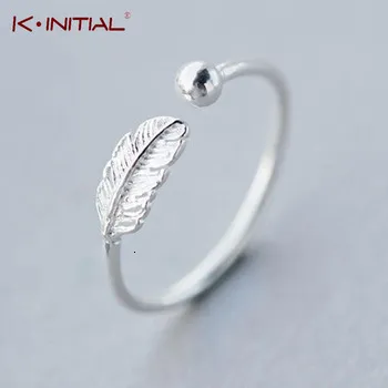 Kinitial 925 Sterling Silver Simple Leaf Bird Feather Open Adjust Ring Christmas Minimalist Jewelry for Women Girls Charm Gift