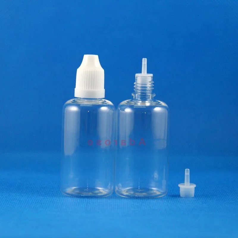 PET 50 ml plastdropparflaskor mycket transparenta med barnsäkerhetskåpor och bröstvårtor pressar ånga E CIG 100 bitar per parti RSDTM