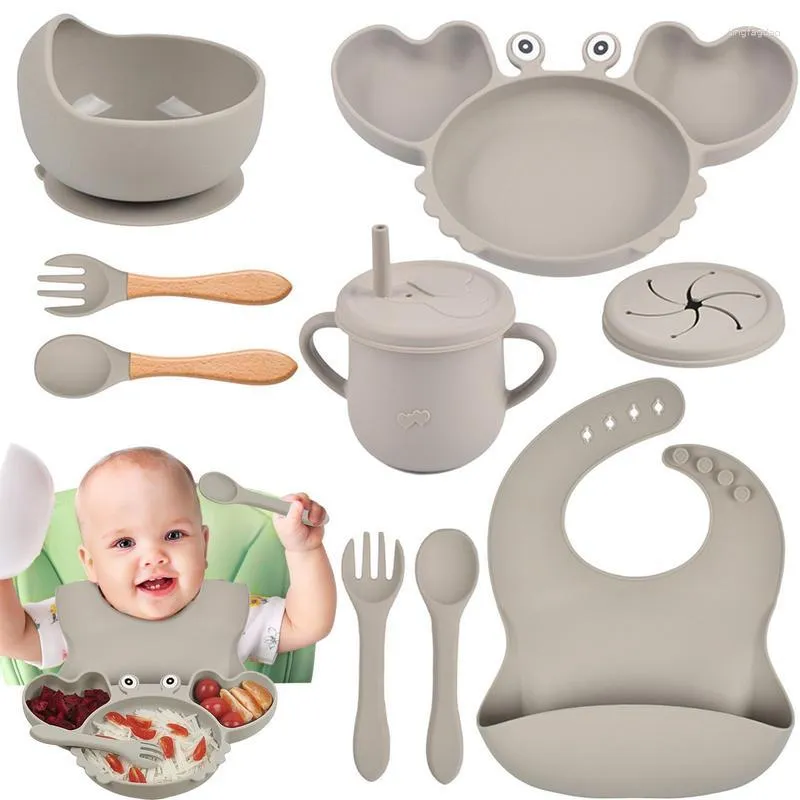 Geschirr-Sets 9 Teile/satz Silikon Baby Teller Löffel Gabeln Lätzchen Schüsseln Teller Tasse Kind Fütterung Saug Kinder Kleinkind Essen Geschirr Set